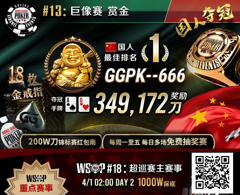 【EV扑克】素人圆梦WSOP!中国选手GGPK–666斩获巨像赛金戒指,奖励+赏金近35W刀!