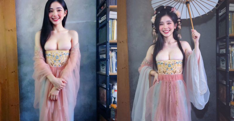 好緊！傲乳正妹「Wang Yu Chin」體驗穿漢服，「極限平口」頭頭就快跑上來！