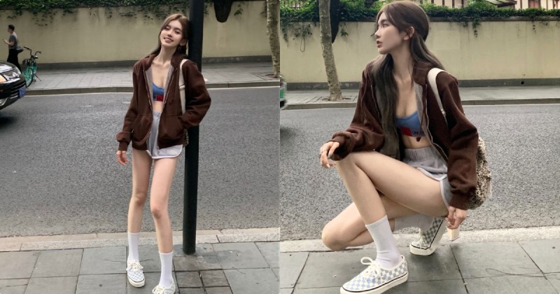 街頭超辣「長腿真理褲正妹」，「白嫩美腿和深溝」好誘惑呀！